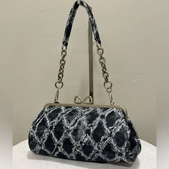 Genuine Leather Denim Quilted Pattern, Handmade Unique Bow Kisslock Baguette Bag